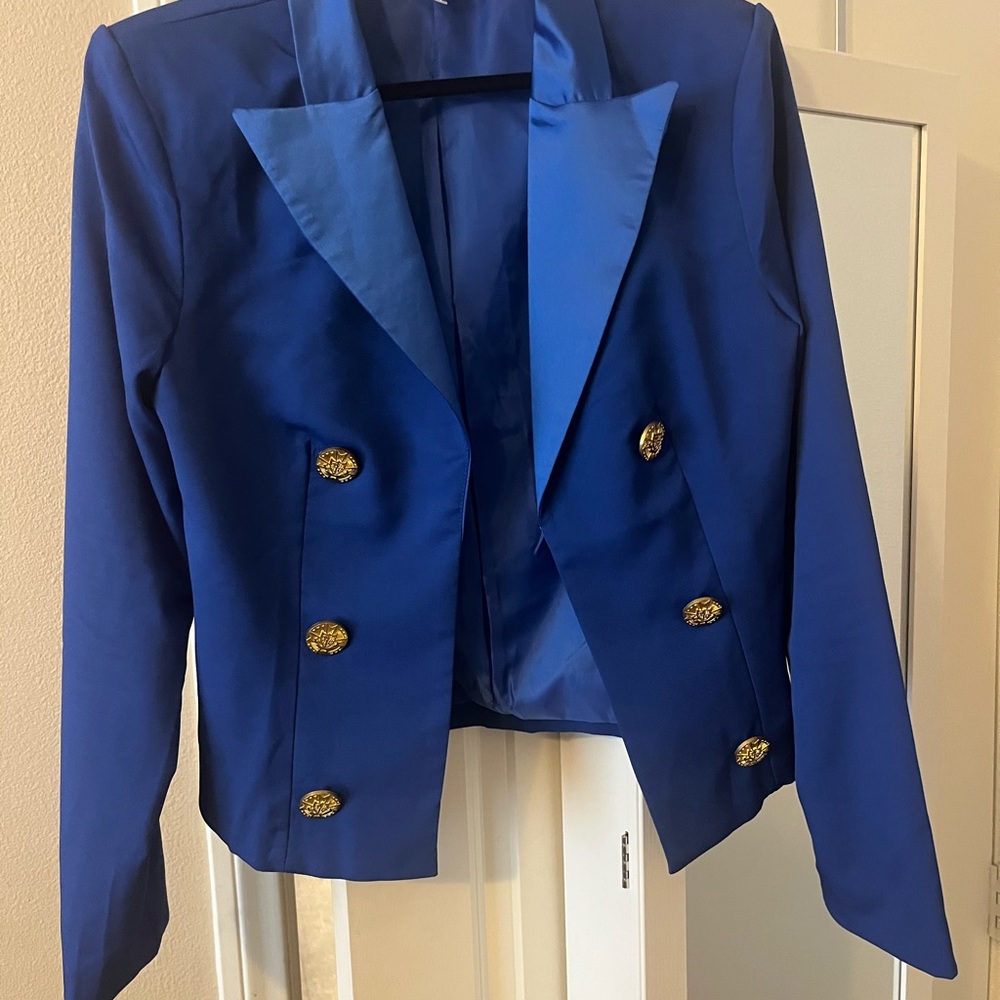 Blue and Gold Double-Breasted Blazer with Structured Shoulders